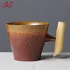 Caneca de café cerâmica vintage estilo japonês copo de leite com alça de madeira 204f