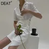 [DEAT] Moda Lato Moda V-Neck Krótki Rękaw Solidny Kolor Nieregularny Fałszywy Dwa Temperament Mini Dress Kobiety 13Q173 210527