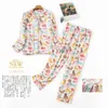 Morgonrockar för kvinnor stil damer flanell bomull långärmad byxor hem kostym höst vinter plaid koreanska pyjamas 210622