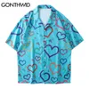 Gonthwid Hawaiian Beach Camisas Verão Holiday Casual Coração Impressão Curta Manga Camisas Homens Hip Hop Streetwear Botão Blusa Tops C0315