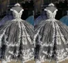 Unik svart elfenben quinceanera klänningar kvinna utanför axeln applique pärlstav bling gnistrande tulle spets-up mexikansk söt 16 klänning boll kläner formell lång