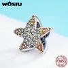 Wostu 100% Real 925 Sterling Silver Amarelo CZ Ocean Starfish Estrela Beads para Marca Original Charme Pulseira Fine Jóias CQC586 Q0531