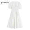 Yitimuceng Midi Dresses Women Summer Lace Up Puff Sleeve High Waist White Blue Korean Fashion Simple Style Sundress 210601