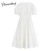 Yitimuceng Midi Vestidos Mulheres Verão Lace Up Puff Manga Alta Cintura Branco Azul Coreano Moda Simples Estilo Sundress 210601