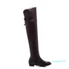 Boots Oversized Solid Color Long Knight Side Zip Low Heel Round Toe Double Row Belt Buckle Over The Knee