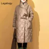 Lagabogia casaco de inverno mulheres branca pato para baixo jaqueta feminina casual longa parkas com lenço aquecido casaco de neve solto 211126