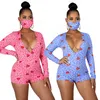 European and American Women's Jumpsuit Printed Long-sleeved Shorts Mask Two-piece Set