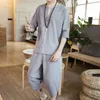 メンズ薄いリネンスーツ夏の中国の緩い大きな綿とリネン2個/スーツの半袖ズボン2個セットSCI886 210722
