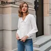 Beavant Elegant White Autumn Winter Women Blus Vintage Doll Collar Long Sleeve Female Shirt Fashion Pocket Blus 210709