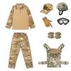 Camouflage Kid Child Uniform CS BDU Set Outdoor Sports Airsoft Gear Jungle Hunting Woodland Tactical Helmet Vest Cap Set Combat Children Clothing No05-400