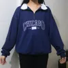 Felpa con colletto con zip stampa lettere blu scuro Donna Vintage Brand Fashion Oversize Loose Casual Streetwear New Long Sleeve 201212