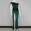 Moda Yeşil Kadife Asimetrik Asılı Uzun Kapalı Omuz Korse Elbise Kadın Parti Noel Vestido 210525