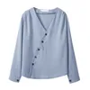 Возможно, у женщин голубой белый V-образной вырезы с длинным рукавом свободная блузка Сплошная рубашка весна лето B0504 210529