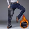 Männer Winter Jeans Warme Dünne Gerade Männer Business Mode Dicke Cowboy Hosen Fleece Stretch Denim Hosen Männlich 211111