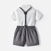 Kleding sets tem Denner 2021 zomer mode jongens peuter gentleman set bowtie korte mouwen shirt + bretels shorts kind doek