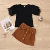 Toddler Kid Baby Girls 2st Kläder Satser Fur Short Sleeve Solid T-shirts Toppar Knapp A-Line Kjolar Outfits