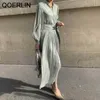 Elegant Spring Satin Puff Sleeve A-line Dress Women V-neck High Waist Button Solid Vintage Pleated Long Chic 210601