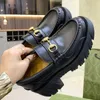 Designer skor mjuka kohud loafers gummi plattform svart glänsande läder slipper chunky round head sneaker tjock botten sko storlek 35-42
