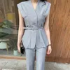 Elegante Büro Damen Hose Anzüge Button Gürtel Blazer Anzug Hosen Sommer Sleeveless Stilvolle Frauen Berufssatz 210603