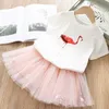 Filles Vêtements Ensembles D'été Dessin Animé Flamingo Pur Coton T-Shirt + Maille Dentelle Jupe 2 Pcs Costume Pour Fille Enfants Enfants Vêtements X0902