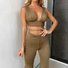Jocoo Jolee Women Summer Casual Sexy Solid Party Club Suit Deep V Neck Halter Crop Top And High-Waist Pants Two Piece Set 210619