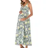 Strap klänning runda kortärmad blomma utskrift moderskap v-hals klänning sommar mode kjol moderskap klänningar Q0713