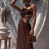 Casual Jurken Vestidos Mujer Eén Schouder Bruin Sexy Bandage Maxi Jurk Dames Zomer 2021 Khaki Cut Out Backless Beach Long Party