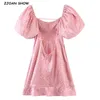 Rétro Femmes Jacquard Léopard Rose Satin Mini Robe Sexy Élastique À Manches Courtes Lanterne Croix Laçage Dos Dos Nu Robes De Soirée 210623