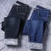 Winter Herren Fleece Schwarz Blau Jeans Business Casual Warm Verdicken Slim Fit Stretch Denim Hosen Männliche Marke Hosen 211104