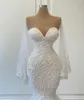 Eleganti abiti da sposa a sirena bianca a maniche lunghe Abiti da sposa Perline Applique in pizzo Abito da matrimonio arabo nigeriano Robe De Mariee