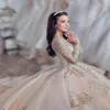 2021 Sexy Luxury Champagne Quinceanera Suknia Ball Dresses Długie Rękawy Klejnot Neck Koronki Aplikacje Kryształowe Koraliki Sweep Train Loste Plus Size Party Prom Engine Suknie