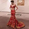 Två bitar sexiga sjöjungfrun kvällsklänningar Indien Dubai Saudiarabiska Svart Guld Lace Robe de Soiree Prom Party Gowns Tillfälle Party Dress