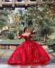 2021 Sparkly Dark Red Burgundia Suknia Ball Quinceanera Suknie Off Ramię Cekinowe Koronki Appliqus Cekiny Sweet 16 Sweep Pociąg Plus Size Party Prom Suknie Wieczorowe