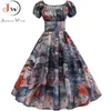 Plus Size Summer Dres Rękawem Puff Rękaw Huśtawka Rocznika Suknie Szata Femme Elegancki Kwiatowy Druku Pin Up Party Jurken 210623