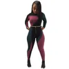 Contraste Patchwork Tracksuit 2 Piece Outfits Mulheres Correspondência Conjuntos de Manga Longa Crop Top Dança Pants Sexy Fitness Wear 210525