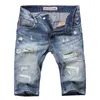 Italiensk stil mode män jeans retro blå broderi förstörda rippade denim shorts patches designer hip hop kort lmmk