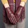 Кожаные перчатки с пятью пальцами из овечьей кожи женские теплые плюс бархатные пуговицы многоцветные