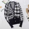 Women's Patchwork Plaid Knit Cardigan Woman Single-breasted Sweater Korean Fashion Chic Thin GD081 210922