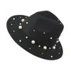 Bred Brim Hats Women's Autumn Winter Felt Pearl Hat Fedoras Big For Women British Style Vintage Lady Flat Cap #T3P Elob22