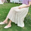 Coreano Elegante Long Tule Saia Vintage Elastic Elastic Waisted Saia Plissada Mulheres Malha Verão Ruffle Midi Saia Streetwear 210619