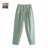 catonATOZ 2248 Women's Cargo Pants Green Pleated Mom Jeans High Waist Loose Jeans Harem Boyfriend Pants Casual Trousers 211112