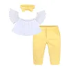 Set di abbigliamento per bebè per bambina Summer Girls Off spalla camicia bianca + manica corta + pantaloni gialli + fascia per bambini 3 pezzi tute 464 Y2