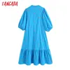 Tangada Femmes Floral Broderie Bleu Midi Robe Vintage Manches Bouffantes Femme Robes Occasionnelles Robes BE841 210609