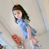 Gooporson Summer Kids Jurken voor Meisjes Mode Koreaanse Denim Korte Mouw Prinses Jurk Little Girl Stripes Binderdas Kostuum 210715