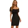 Été femmes Sexy robe de pansement noir une épaule Perspective maille à manches courtes Mini robe Club soirée Vestidos 210625