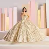Glitter Champagne Gold Lace Scoop Neck Quinceanera Beaded Sequined Plus Size Prom Party Gowns Debutante Dresses Years