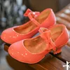 サンダルプリンセスシューズ女の子パーティー弓Shiny Solid Red Color High-heeled forfored for Kidsサイズ26-35