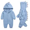 Baby Dinosaurs Hooded Cotton Romper Suit Långärmad Jumpsuit Klättra Kläder Tjej 210701