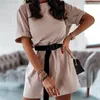Damen Trainingsanzüge 6 Farbe Einfache Lässige Solide Outfits Zweiteiliger Anzug mit Gürtel Home Lose Fitness Mode Freizeit Sommer