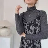 Lace Pläterade varma toppar Full-Sleeved Pullovers Turtleneck Retro Slimming Solid Chic Basewear Gentle T-shirts 210525